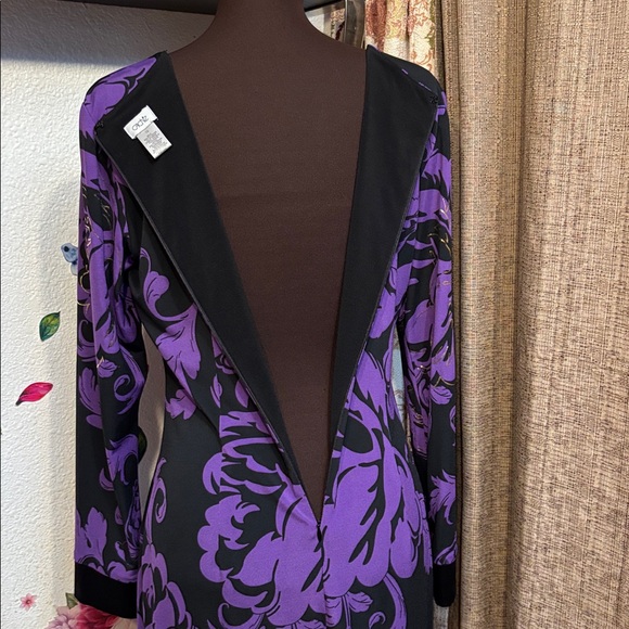 Cache, elegant black purple and gold floral long sleeve mini dress. Size 10. - Picture 7 of 17